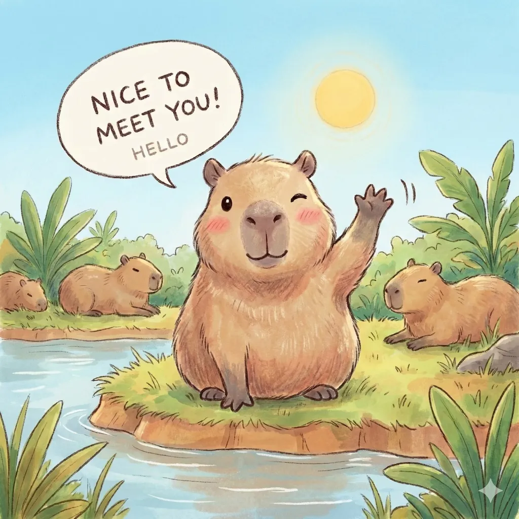 A friendly capybara waving hello